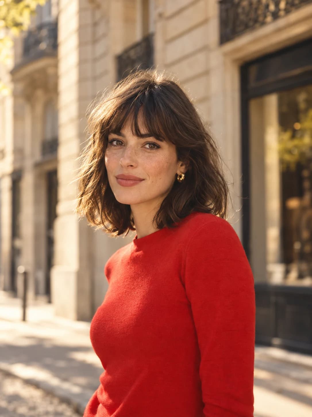 AI-created portrait of a Parisian woman with a brunette fringe, wearing red knitwear in evening sunlight