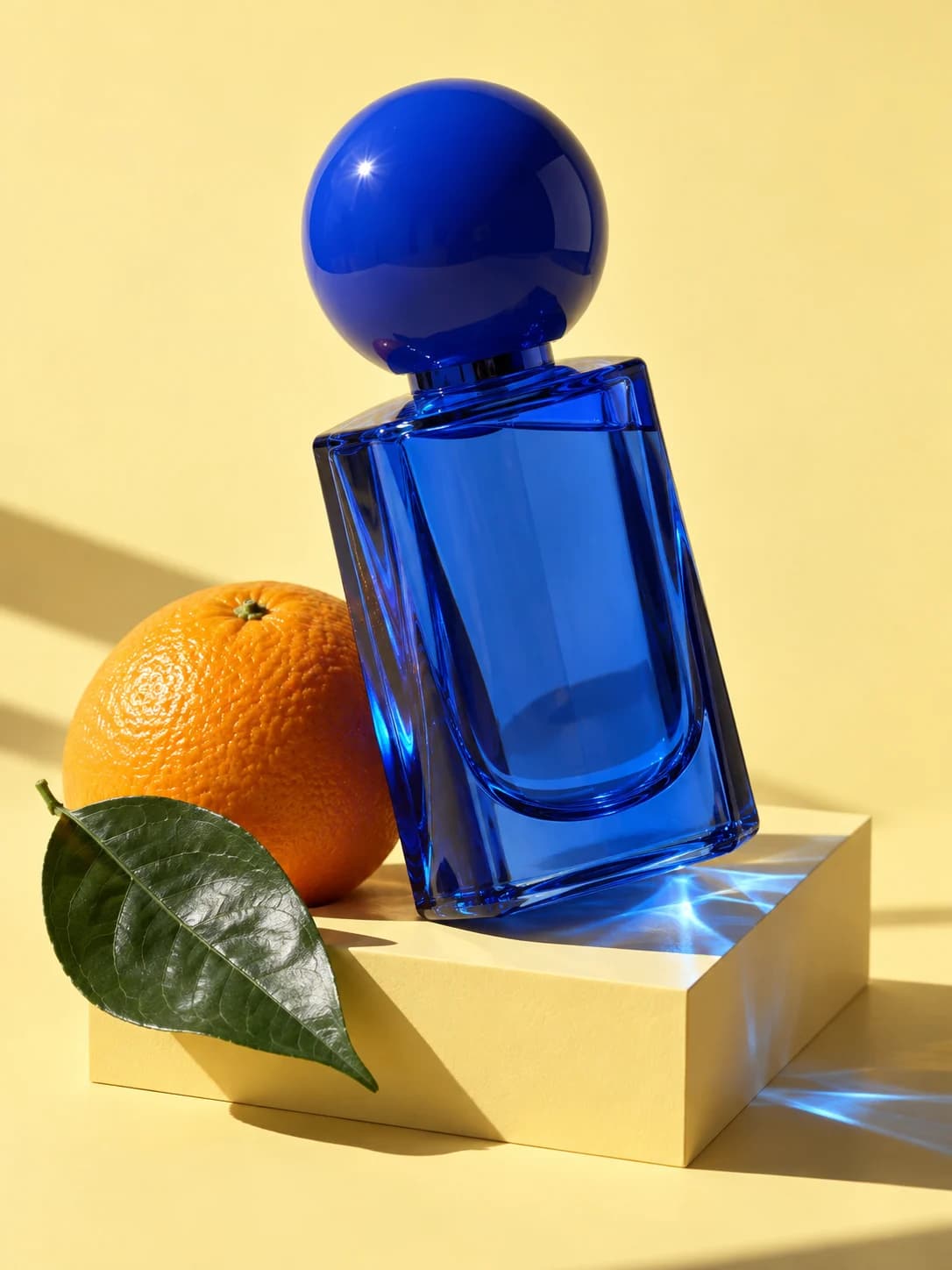 AI-created still life: blue perfume bottle, orange and studio lighting